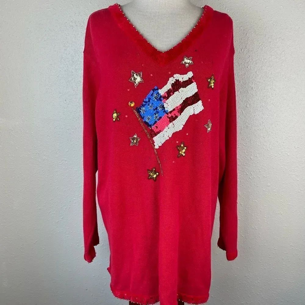 Quacker Factory American Flag V-Neck Sweater Size 1X